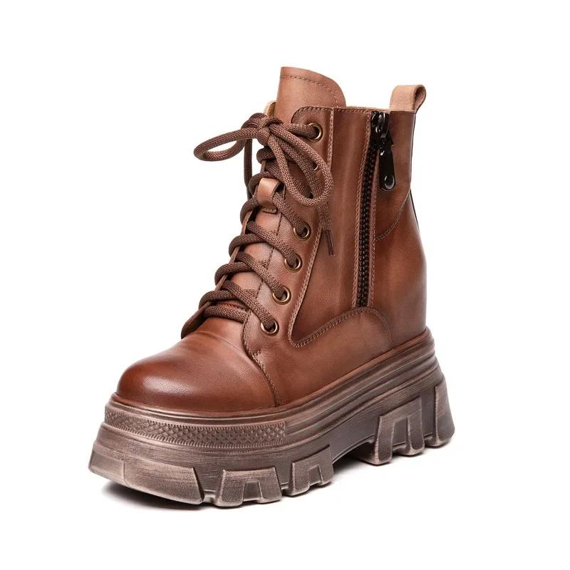 Fashion Brown 7CM Genuine Leather Synthetic Cushioned Autumn Women Spring Durable Ankle Boots Platform Wedge Winter Plush Spring Shoes