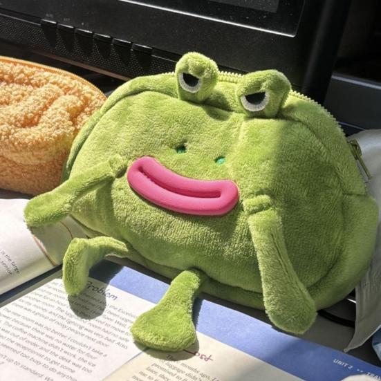 Пенал Лягушка в очках Дизайн Плюшевый Тканевый Пенал Большое Отверстие на Молнии Органайзер для Канцелярских Принадлежностей