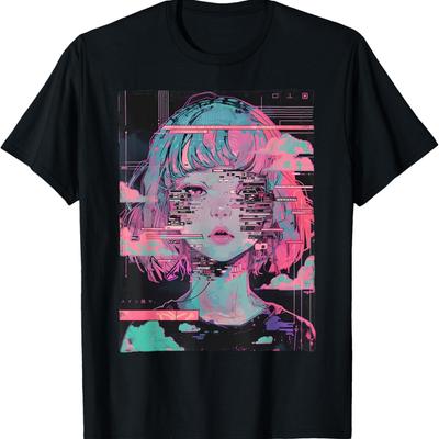 Аниме Девушка Vaporwave Глитч Кибер Готика E-Girl Потертая Футболка