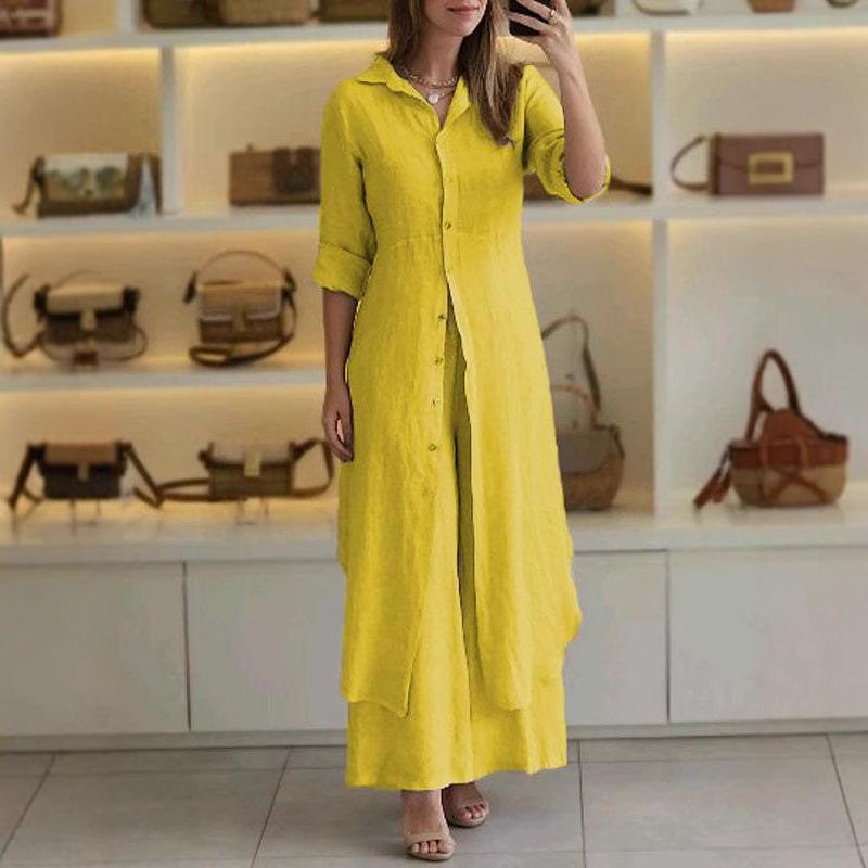 2025 European and American women's clothing new summer and autumn urban elegance cotton and linen slim waist long-sleeved shirt wide-leg pants suit
