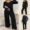 Autumn and Winter Women's Pant Suit Solid Colour V-neck Loose Comfortable Leisure Home Drawstring Trousers Suit