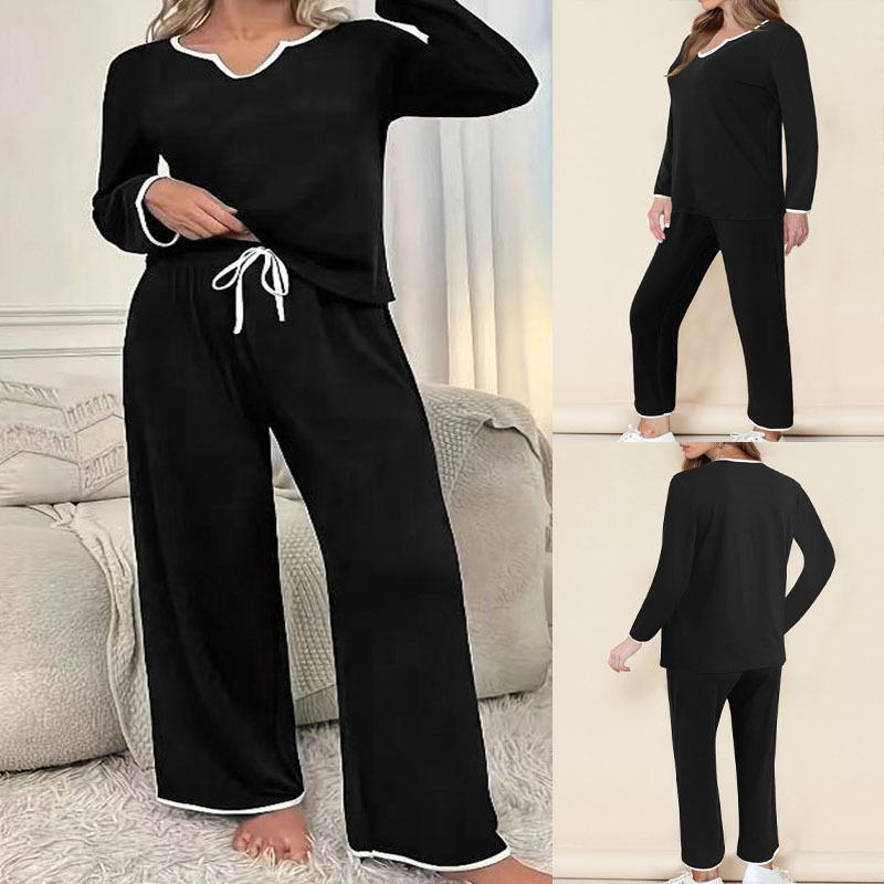 Autumn and Winter Women's Pant Suit Solid Colour V-neck Loose Comfortable Leisure Home Drawstring Trousers Suit