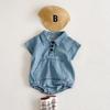 Korean Summer Infant Girl Denim Romper - Cotton Short Sleeve with Big Pockets
