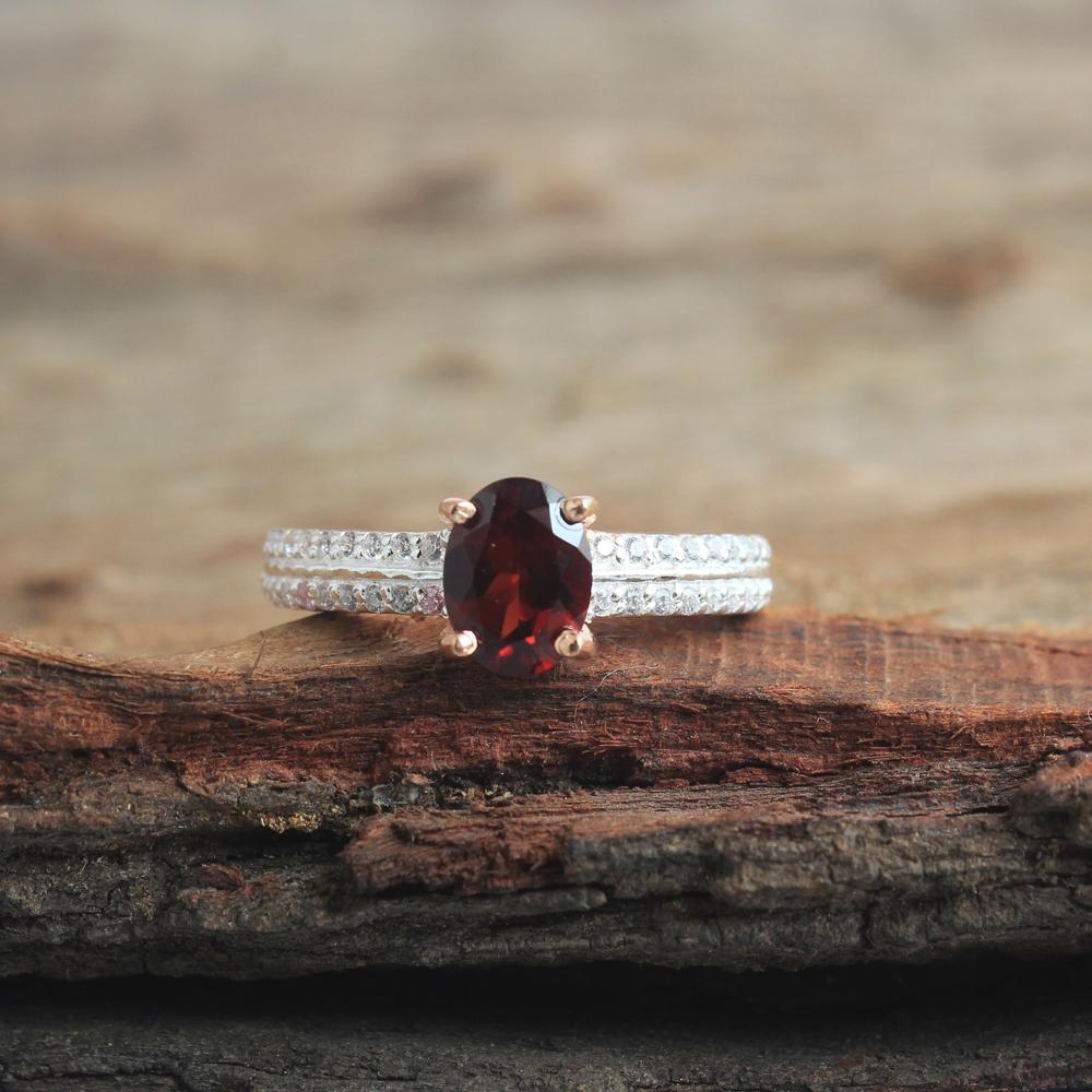 Cubic Zirconia Garnet Women Ring 100% 925 Sterling Silver Rose Gold Plated Wedding Jewelry