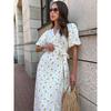 Casual Women's Summer Dresses Cotton Floral Print A-line Midi Dress with Side Slits Long Elegant White Dress for Women