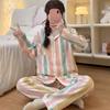Colourful Striped Flower Print Pajamas Set for Women Casual Sweet Girl Soft Women's Sleepwear Long Sleeve Nightwear