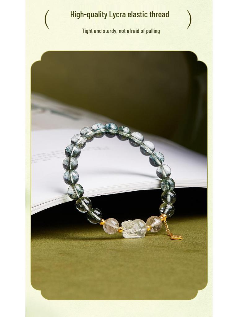 Sterling Silver Lemon Crystal & Green Phantom Quartz Beaded Bracelet for Women - Light Luxury Pixiu Design
