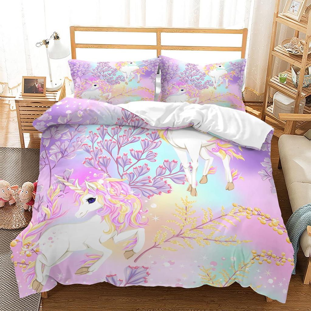 Rainbow Unicorn Three-Piece Digital Printing Kit Quilt Cover Bedding