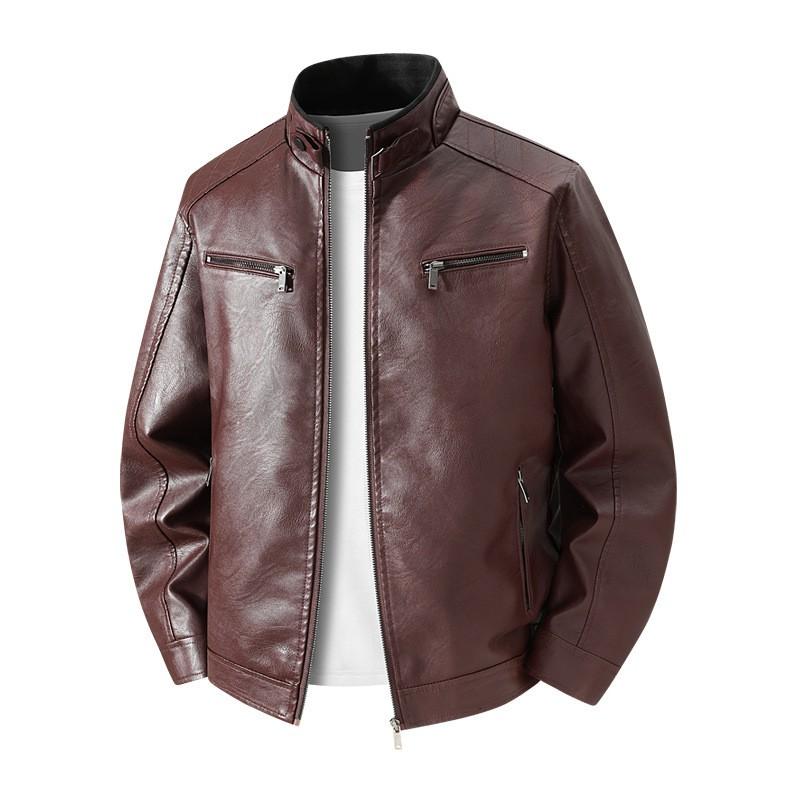 2026 Mens Faux Leather Jacket Casual Stand Collar Versatile Biker Style Black Wine Red Coffee Loose Fit