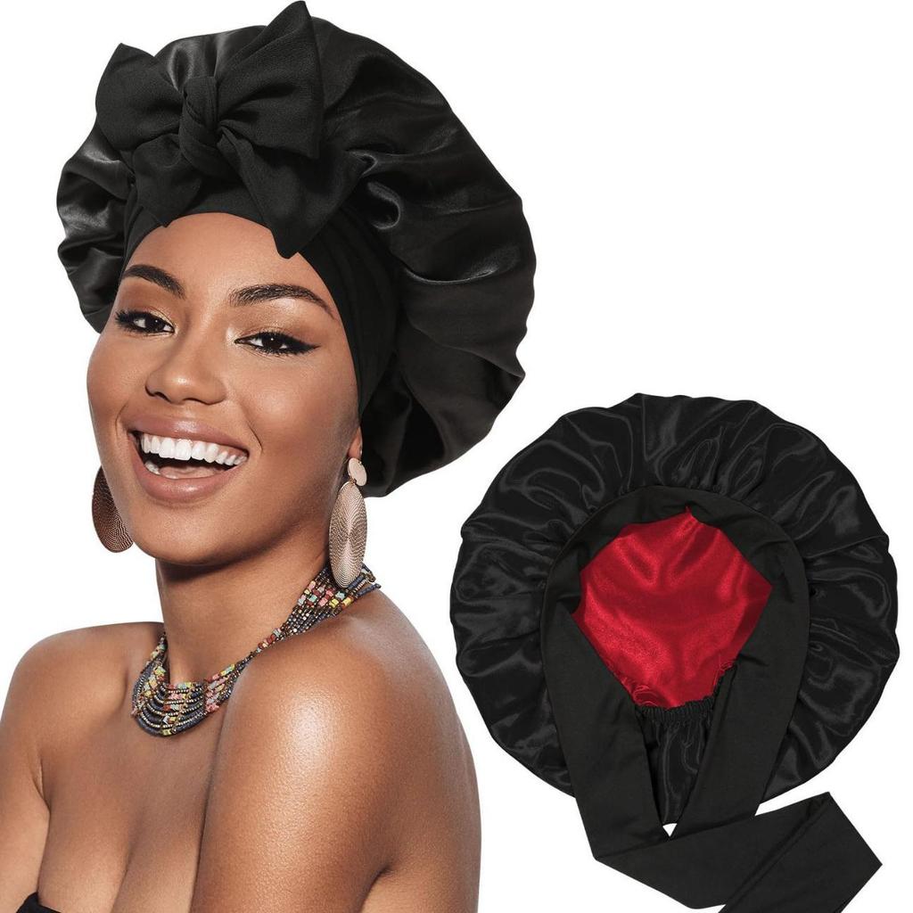 Women's Reversible Double-Layer Satin Nightcap with Ribbon - High Elasticity Round Hat for Hair Protection