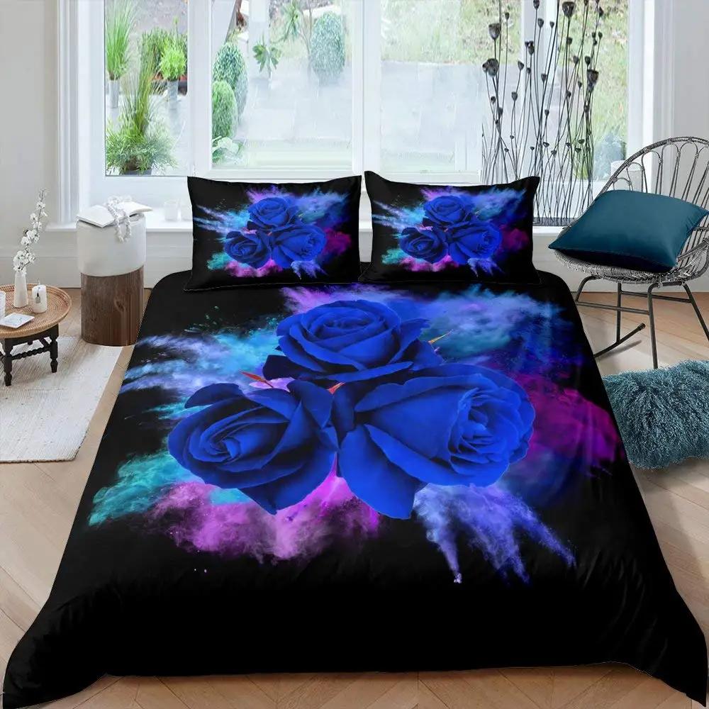Blue Rose Duvet Cover Set King Size 3D Printed Blossom Flowers Bedding Set Valentine'S Day Botanical Polyester Comforter Cover