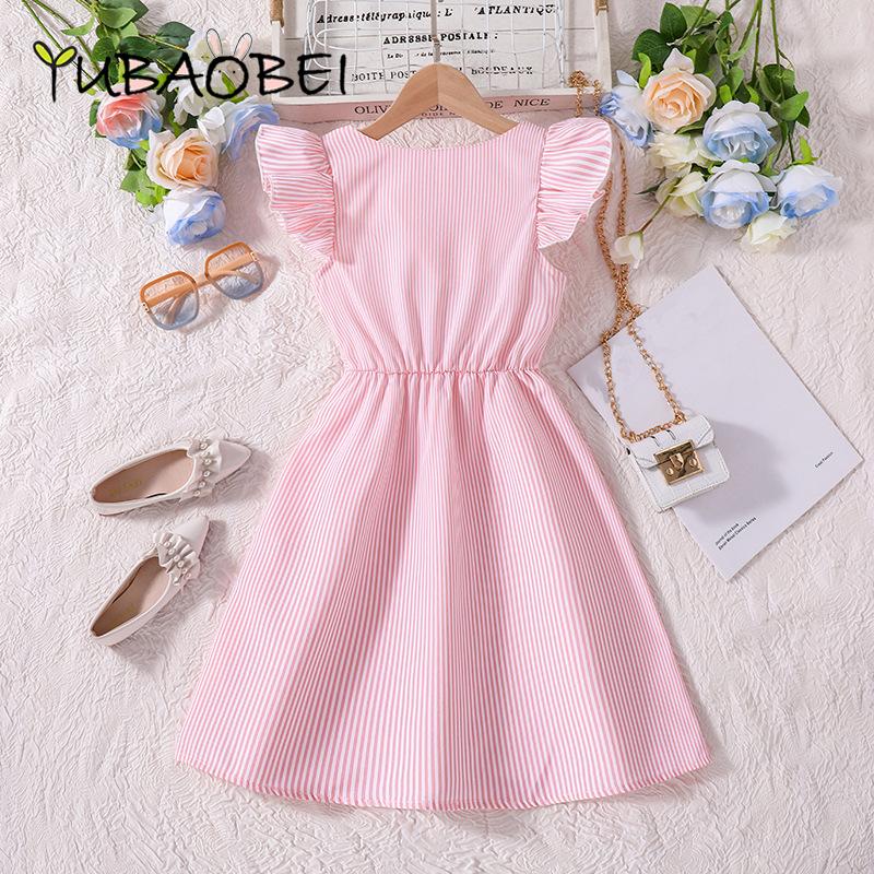 Летнее платье в полоску с v-образным вырезом для девочек, детская одежда, школьная форма с короткими рукавами, детские повседневные модные платья