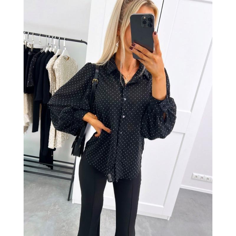 YYFS Женская мода повседневная весна-осень с принтом в горошек, длинный рукав, воротник поло, блузки и рубашки