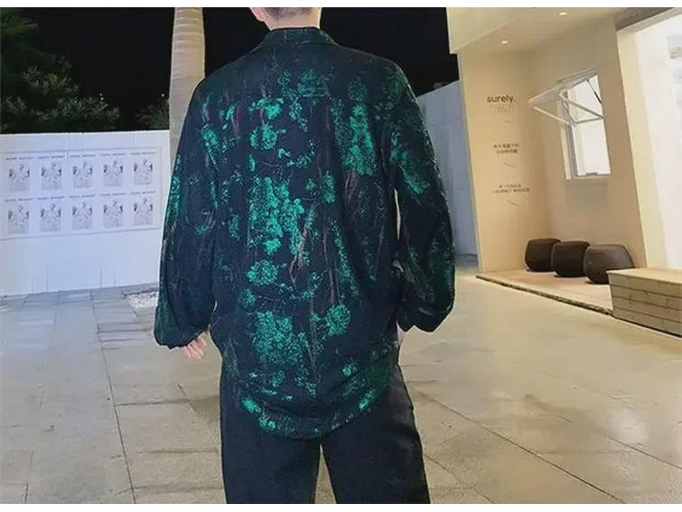 Men's Retro Rose Print Loose Western-Style Shiny Shirt for Trendy Hairdressers