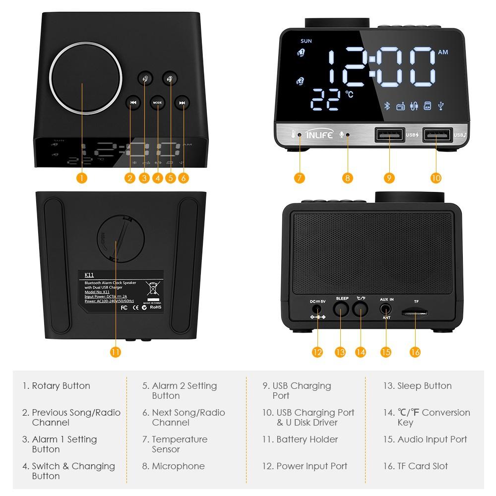 Bluetooth 4.2 FM-радио динамик с 2 USB-портами светодиодный цифровой будильник домашний декор повтор настольные часы температура