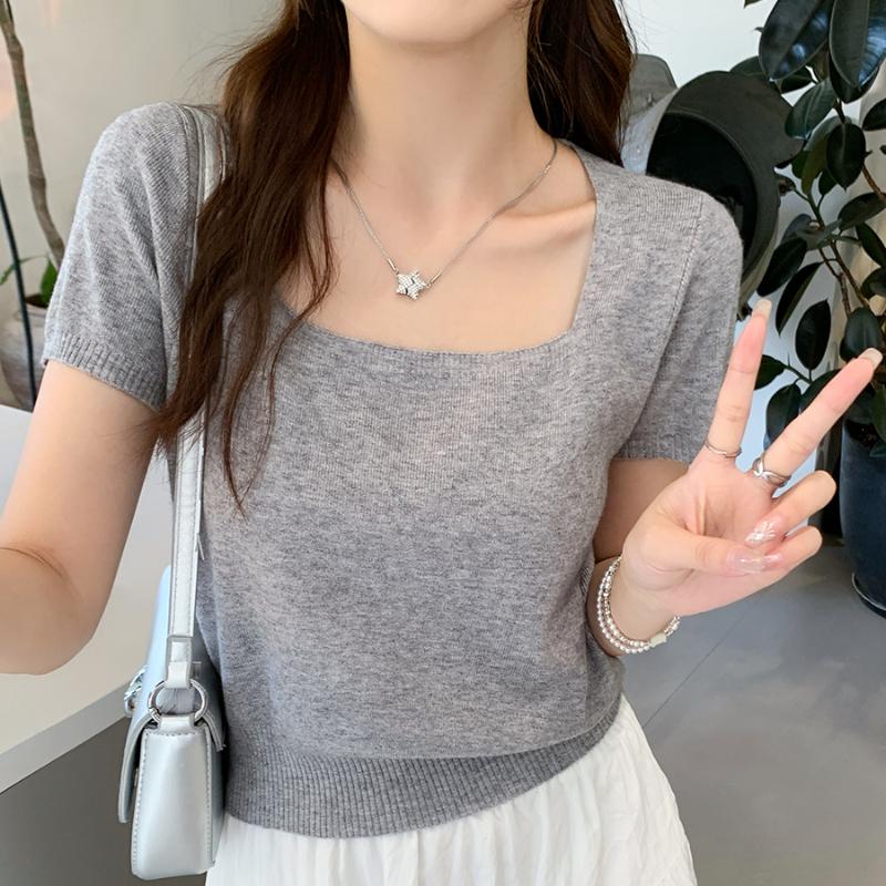 Летняя новая тонкая трикотажная футболка с коротким рукавом женская винтажная облегающая с квадратным воротником женская футболка элегантная однотонная простая женская футболка одежда 26233