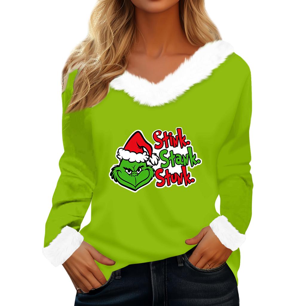 Women's T Shirt Tee Christmas Shirt Long Sleeve Party Christmas Print Fleece Collar V Neck Top