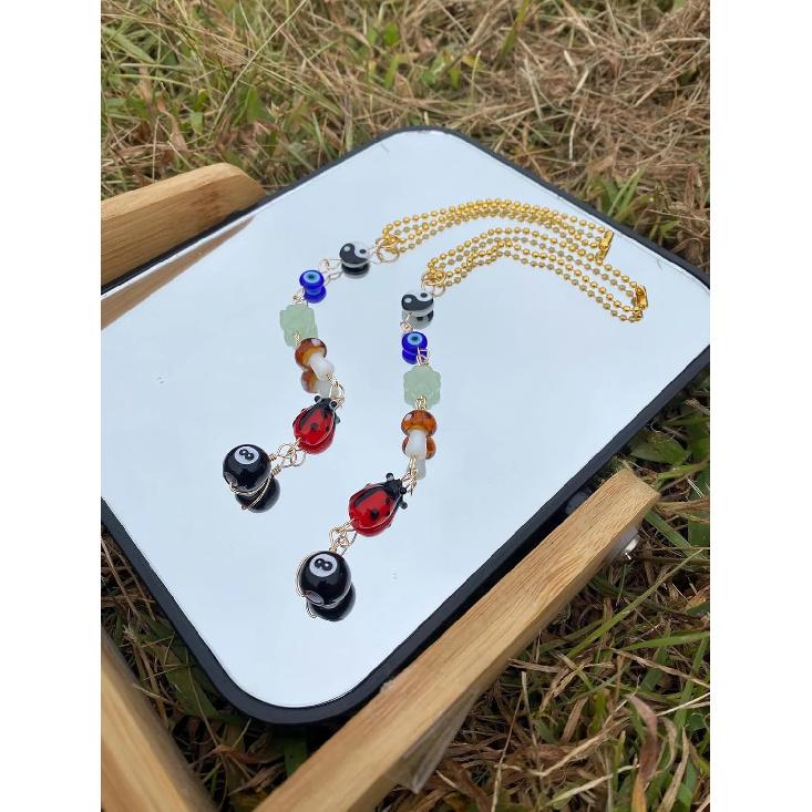 Evil Eye Car Hanging Ornament,Good Lucky Days Car Charm,8 Ball Mushroom Four-Leaf Clover Pendant for Car Rear View Mirror,Cute Boho Evil Eye Ladybug