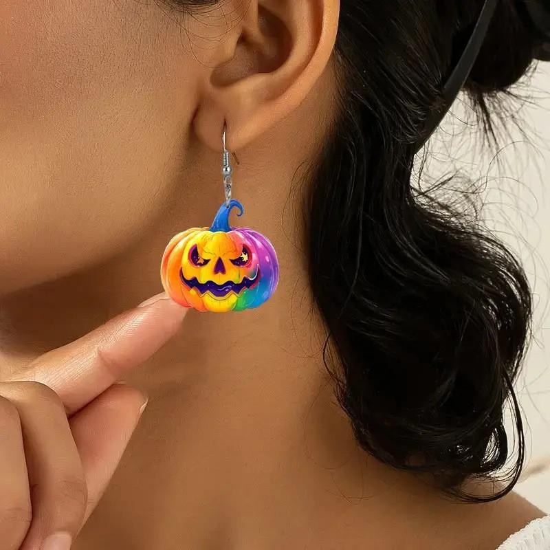 Halloween Creative Themed Colorful Pumpkin Pattern Women Acrylic Earrings