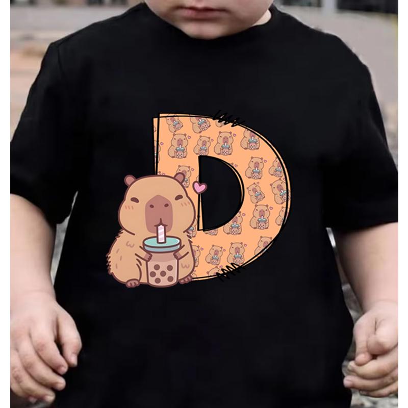 26 Capybara Alphabet Print Kids Tshirt Casual Funny Birthday Gift T Shirt Clothes Short Sleeve Y2K Tops Girls Boys Cotton Tee