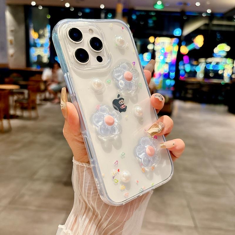 INS Корея 3D Цветок 2 В 1 Прозрачный Чехол для Телефона для iPhone 17 16 12 13 14 15 Pro Max Ударопрочная Рамка Прозрачная Мягкая Крышка