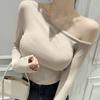 Футболки с косым воротником, женские топы, облегающие футболки с длинными рукавами, осенняя корейская сексуальная однотонная одежда с открытыми плечами 29887