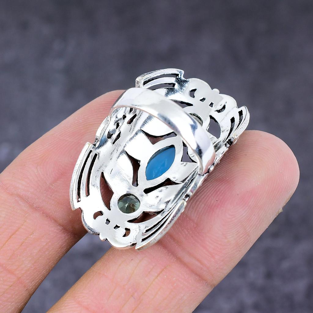 Blue Chalcedony,Tsavorite Gemstone Handmade 925 Sterling Silver Ring S.8.5 P2o40