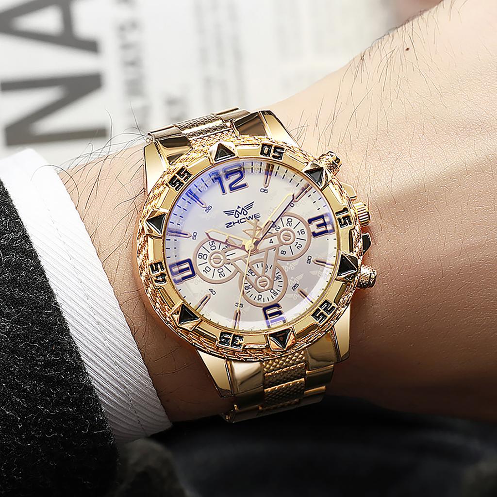 Легкие роскошные деловые часы с кварцевым механизмом, изысканным стальным браслетом, циферблатом с ложными тремя стрелками и смешанной шкалой.