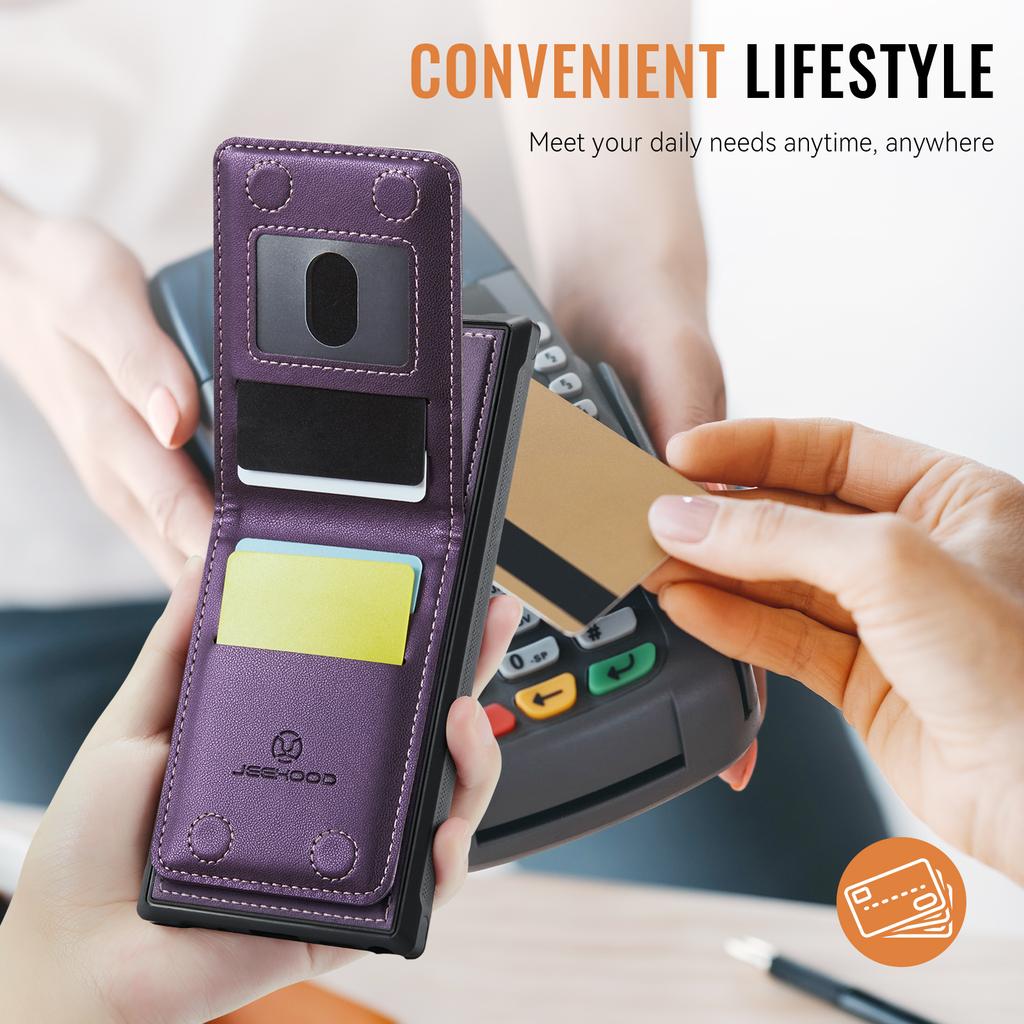 For Samsung Galaxy S26 Ultra Leather Back Cover JEEHOOD J06 Magnetic Phone Case with Card Bag RFID Blocking