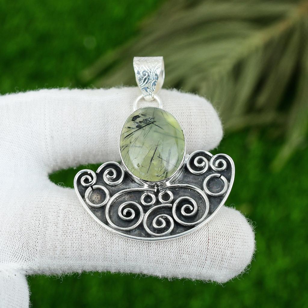 Moss Prehnite Stone Elegant Boho Bezel Ethnic Trendy Pendant 925 Sterling Silver