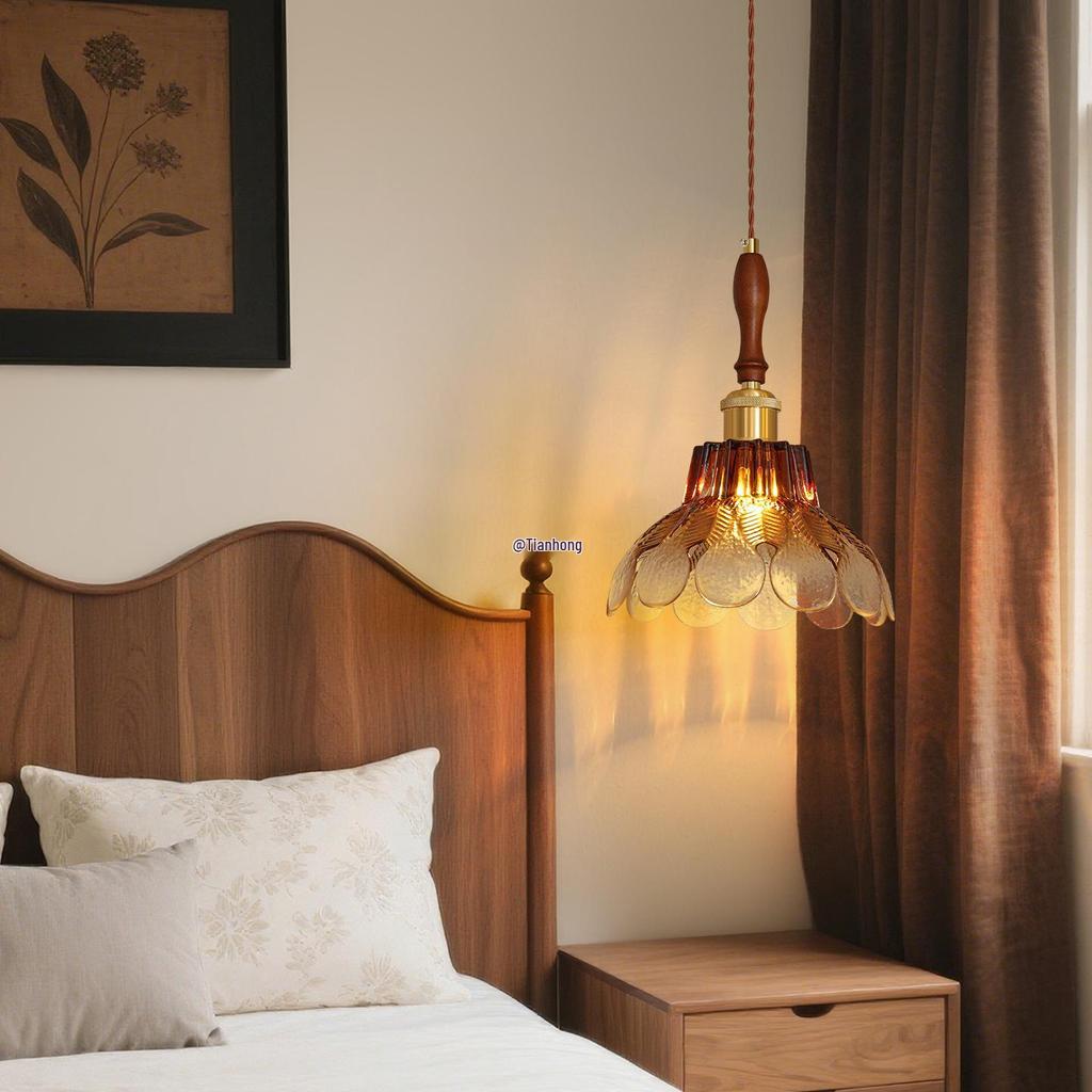 French Mid-Century Solid Wood Bedside Pendant Light