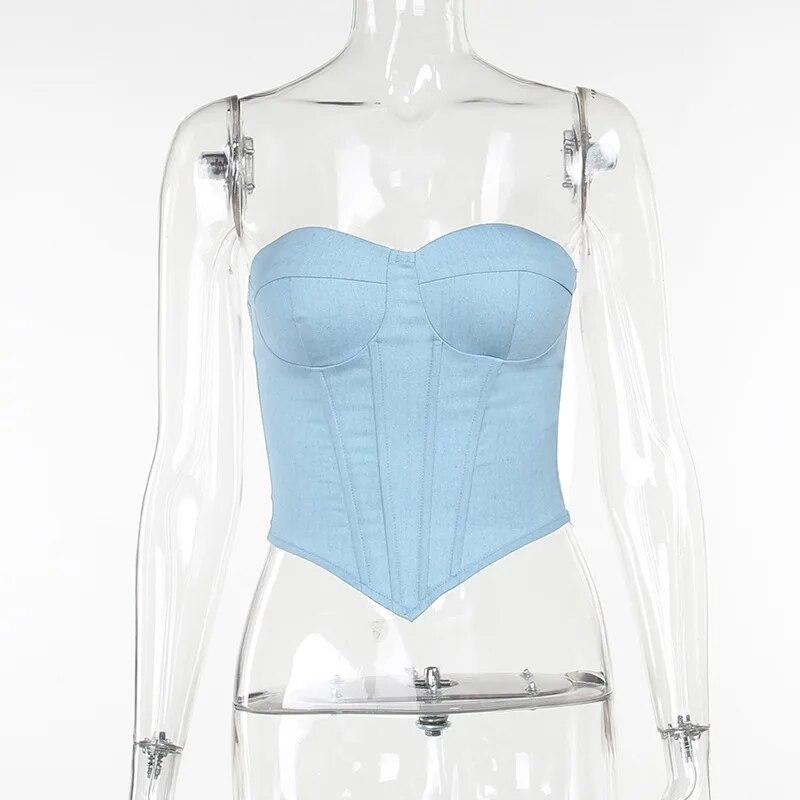 Винтажные джинсовые топы с разрезом на шее, сексуальные майки, женские бандо, бандажный корсет, бюстгальтер, топ без рукавов, облегающие майки с открытой спиной 30725