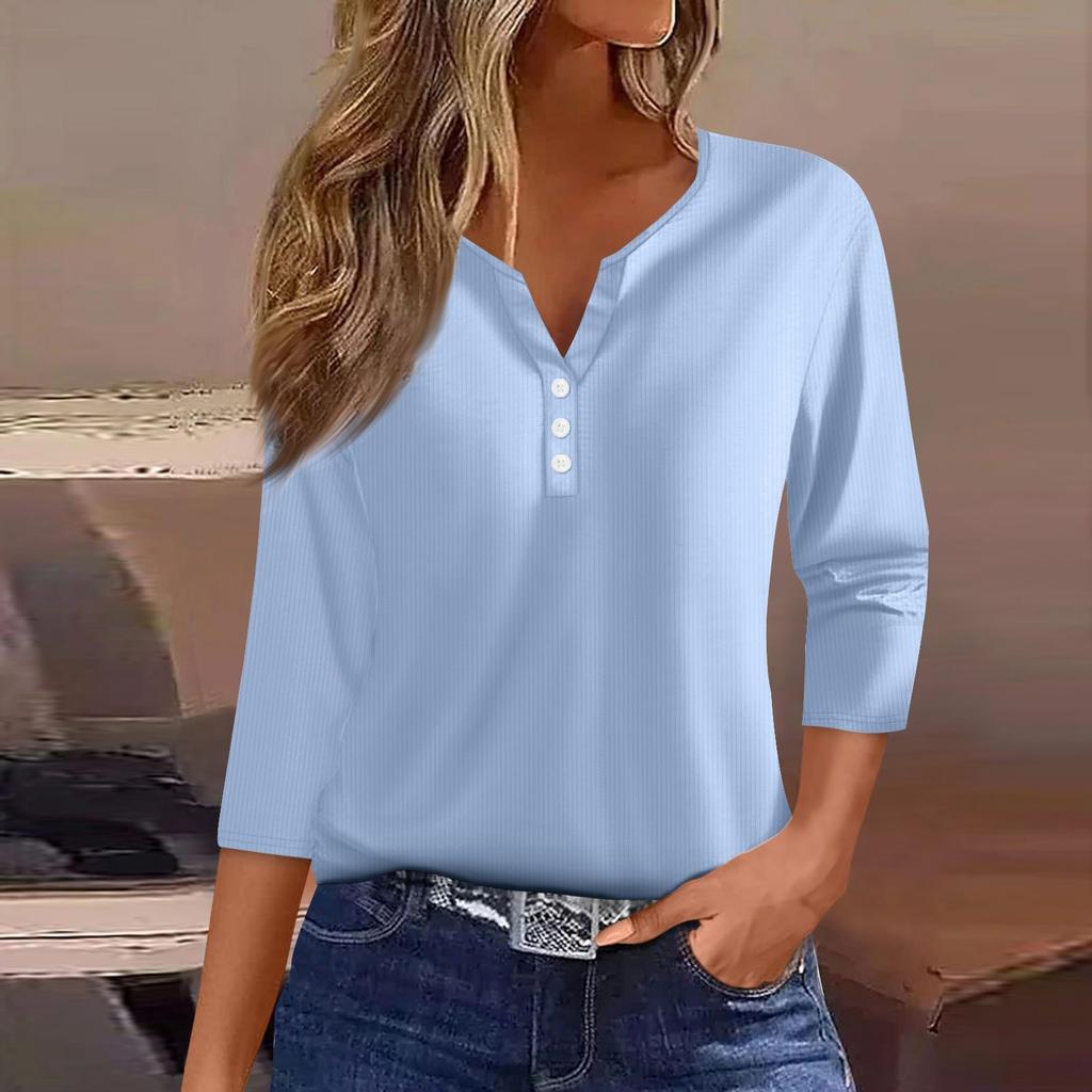 Women's T Shirt Tee Print Button 3/4 Sleeve Tunic Daily Weekend Fashion Basic V- Neck Regular Top