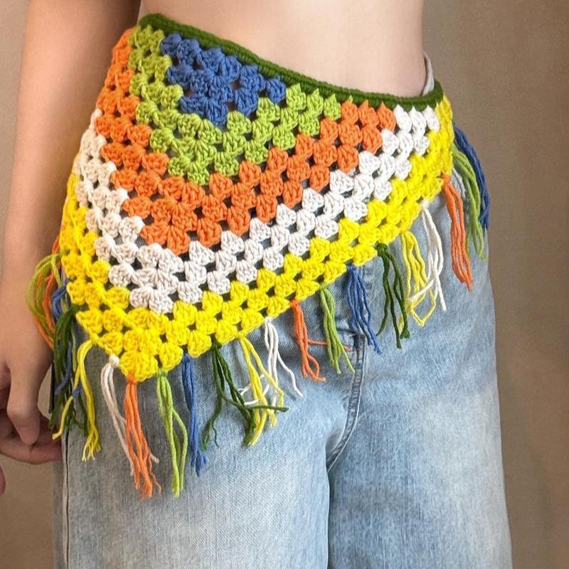 Ажурная треугольная косынка ручной вязки, богемный тюрбан, шарф для волос, многофункциональное использование, этнический стиль, пояс, декор