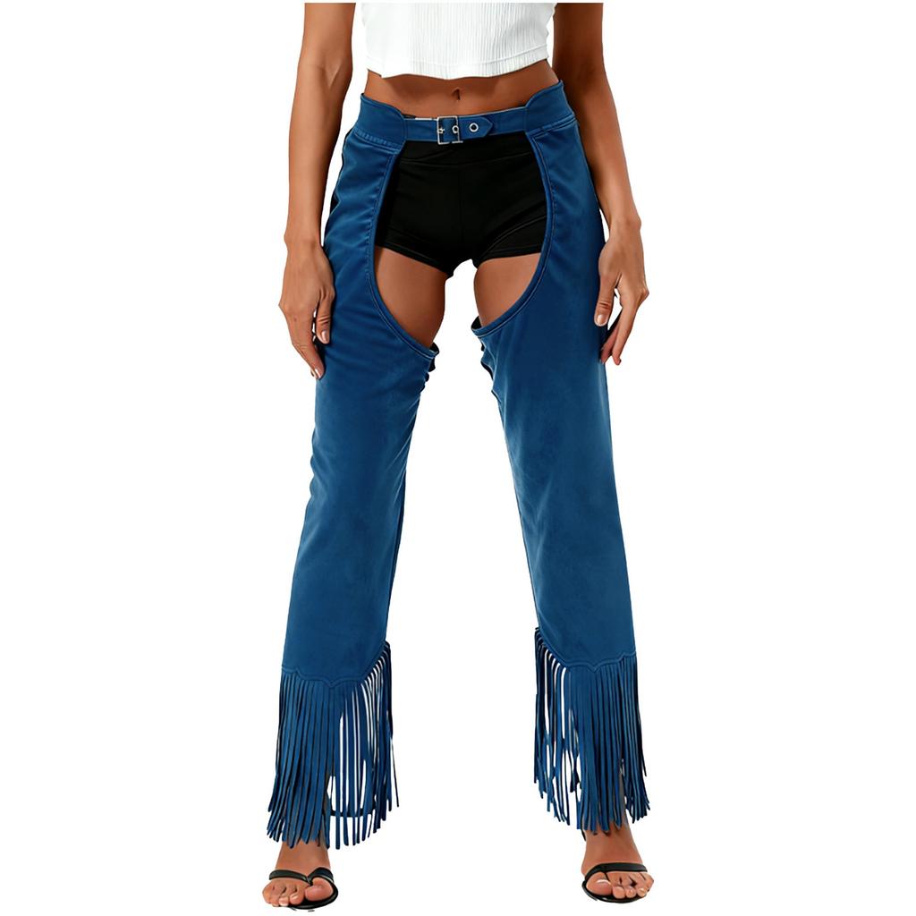 Womens Suede Cowgirl Chaps Fringe Split Open Crotch Adjustable Buckles Pants Vintage Costume