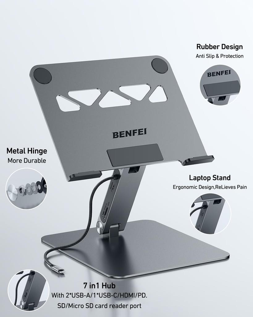 Подставка для ноутбука BENFEI, док-станция 7-в-1 USB-C, HDMI 4K@60Hz, SD x 1, Micro SD x 1, Power Delivery 100W, 10 Гбит/с, USB-C 3.2 x 1, USB-A 3.2 x 2, Совместим