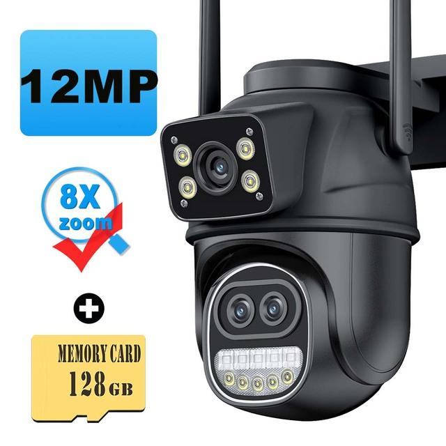 Новая IP-камера EU 12MP 6K WiFi с тремя объективами и двойным экраном, уличная PTZ-камера, 8-кратный зум, защита домашней безопасности, беспроводное Wi-Fi видеонаблюдение