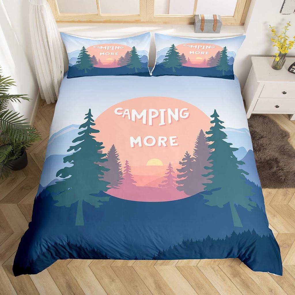Hand Painted Mountain Decor Duvet Cover Set Queen King Size Happy Camping Kids Bedding For Boys Girls 3 Pcs With 2 Pillowcases