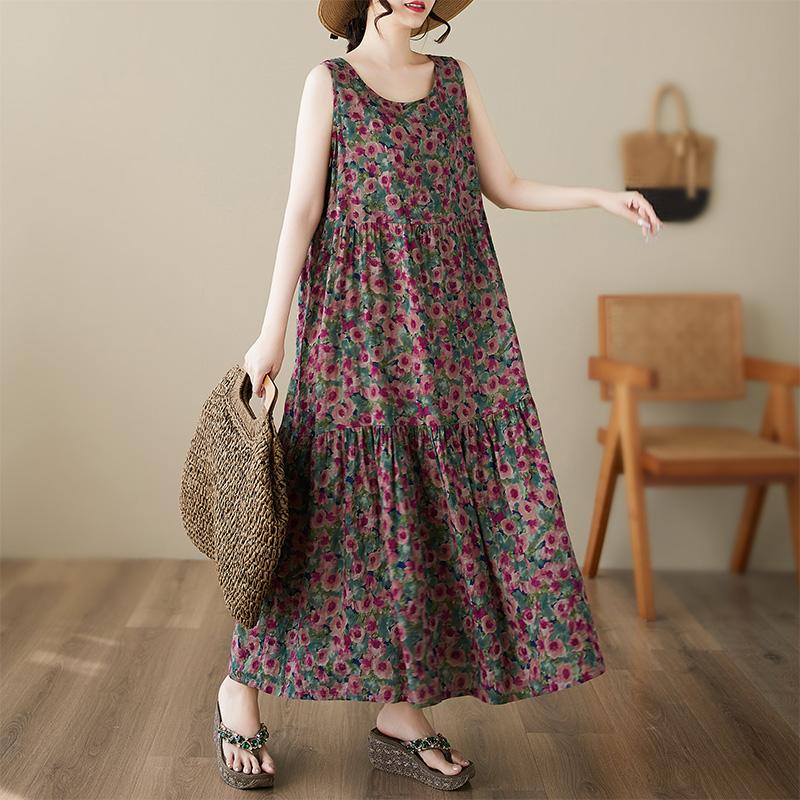 DIMANAF Платье больших размеров Летнее Женское Винтажное Льняное Элегантный стиль Без рукавов Цветочное Свободное Новое Длинное Платье 8028