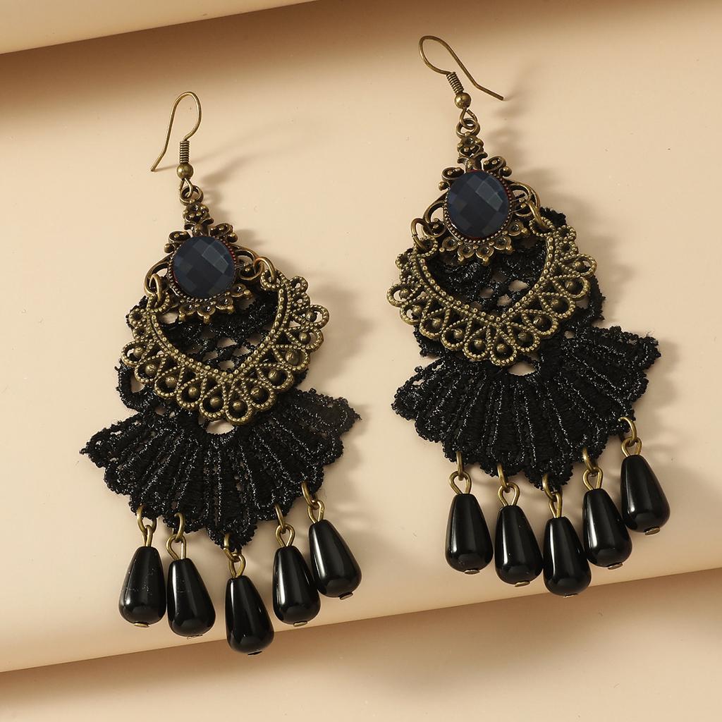 Черные кружевные серьги с павлином для женщин, серьги-капли с красными кристаллами и кисточками, этнические ювелирные изделия в стиле бохо, фестивальные аксессуары для вечеринок, женский подарок