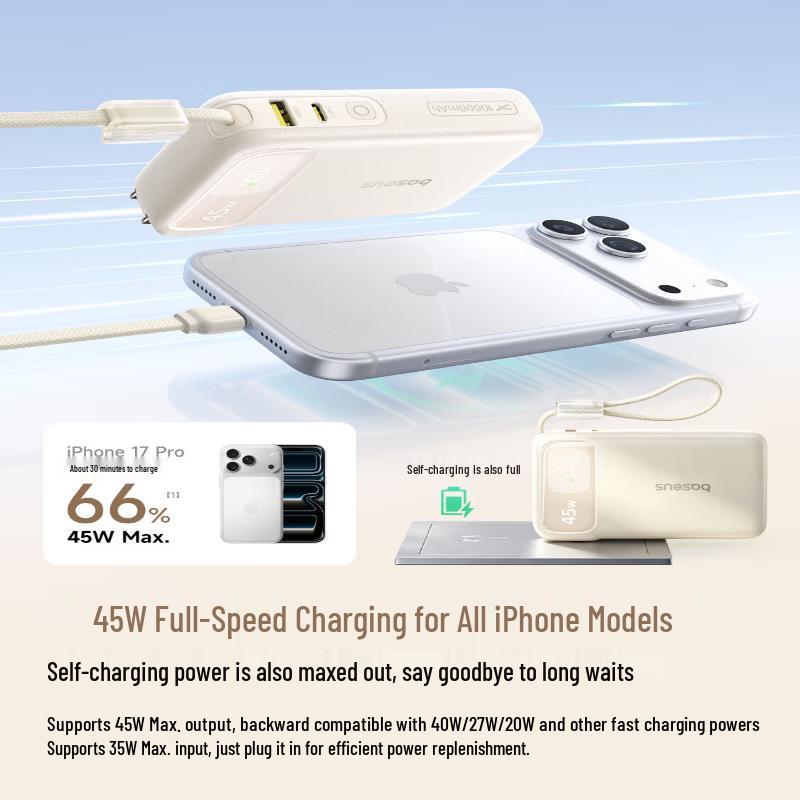 Baseus 3-in-1 45W GaN Fast Charging Power Bank with Built-in Cable & Plug