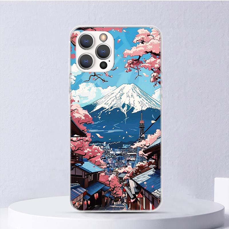 Японская вишня Гора Фудзи Мягкий чехол для iPhone 16 17 Air 16E 15 Plus 11 12 13 Mini 14 Pro Max Чехол для телефона Apple 7 8 SE Coque Fu