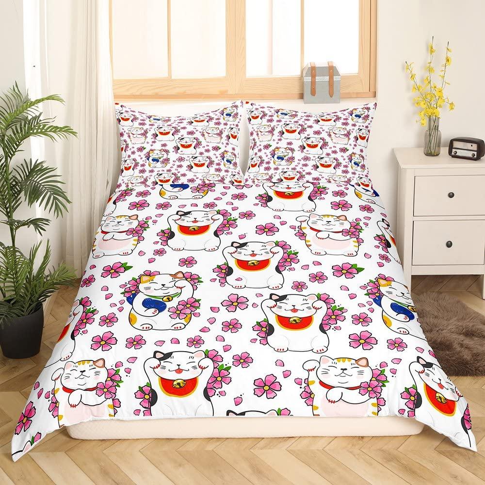 Maneki Duvet Cover SetJapanese Lucky Cat Duvet Cover Neko Gold Coin Japanese Style Cute Bedding Set Cat Comforter Cover 2/3pcs