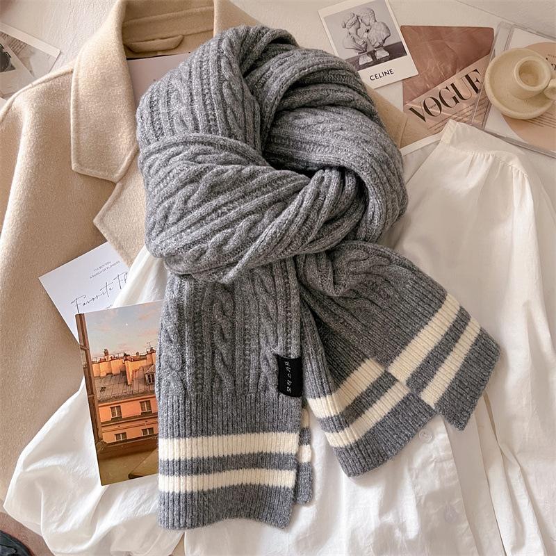 Striped Two-color Wool Knitted Scarf Women's Winter Versatile Trend Cute Girl Student Warm Scarf
