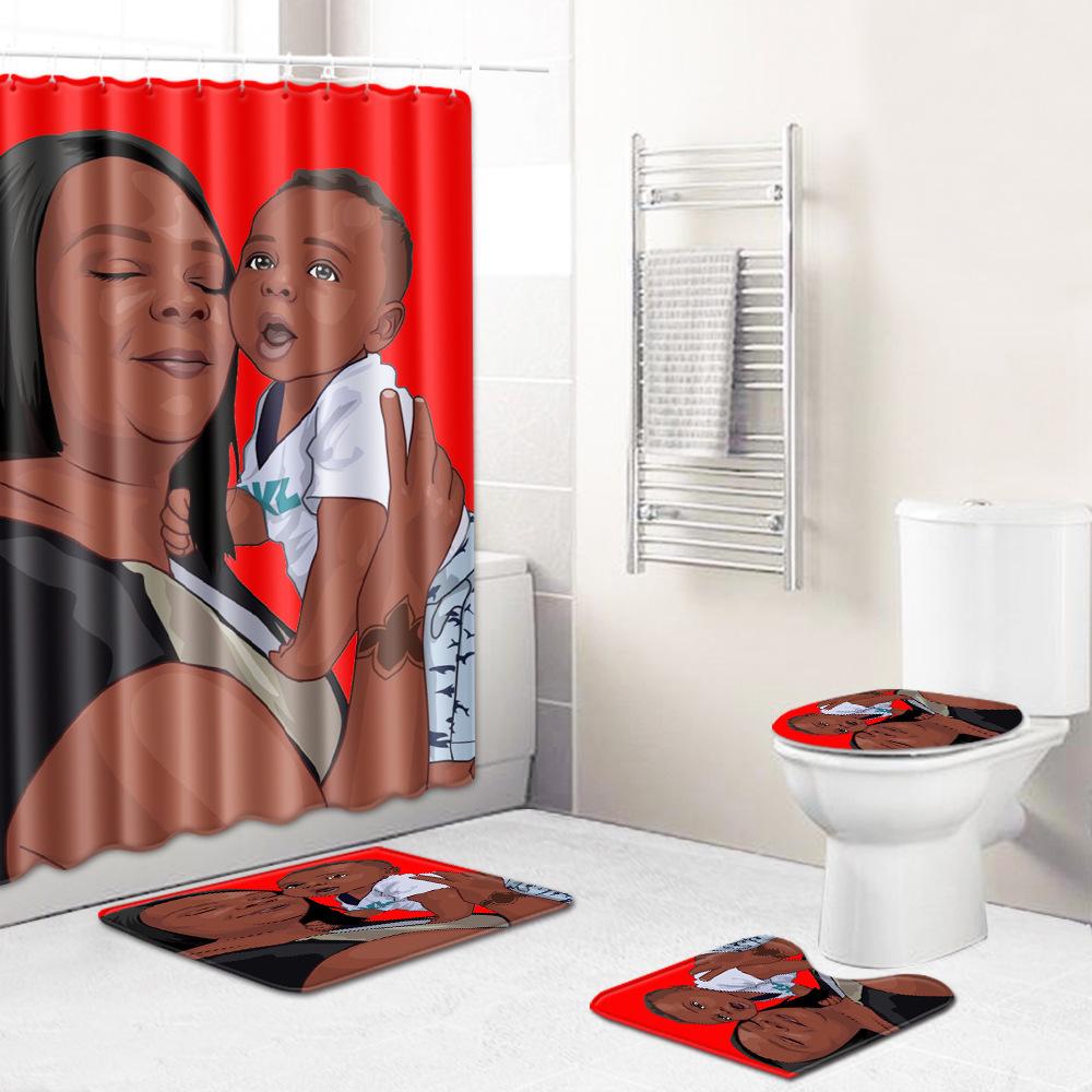 African Woman Digital Printing Creative Shower Curtain Floor Mat Set Bathroom Carpet