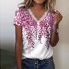Women Casual Loose Shirts V Neck Short Sleeve Flower Print Lace Tops T-shirts Tee