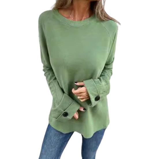 Женская футболка с круглым вырезом и длинным рукавом, реглан, на пуговицах, на манжетах, однотонная, свободная, повседневная, с пуловером, топы, повседневная одежда