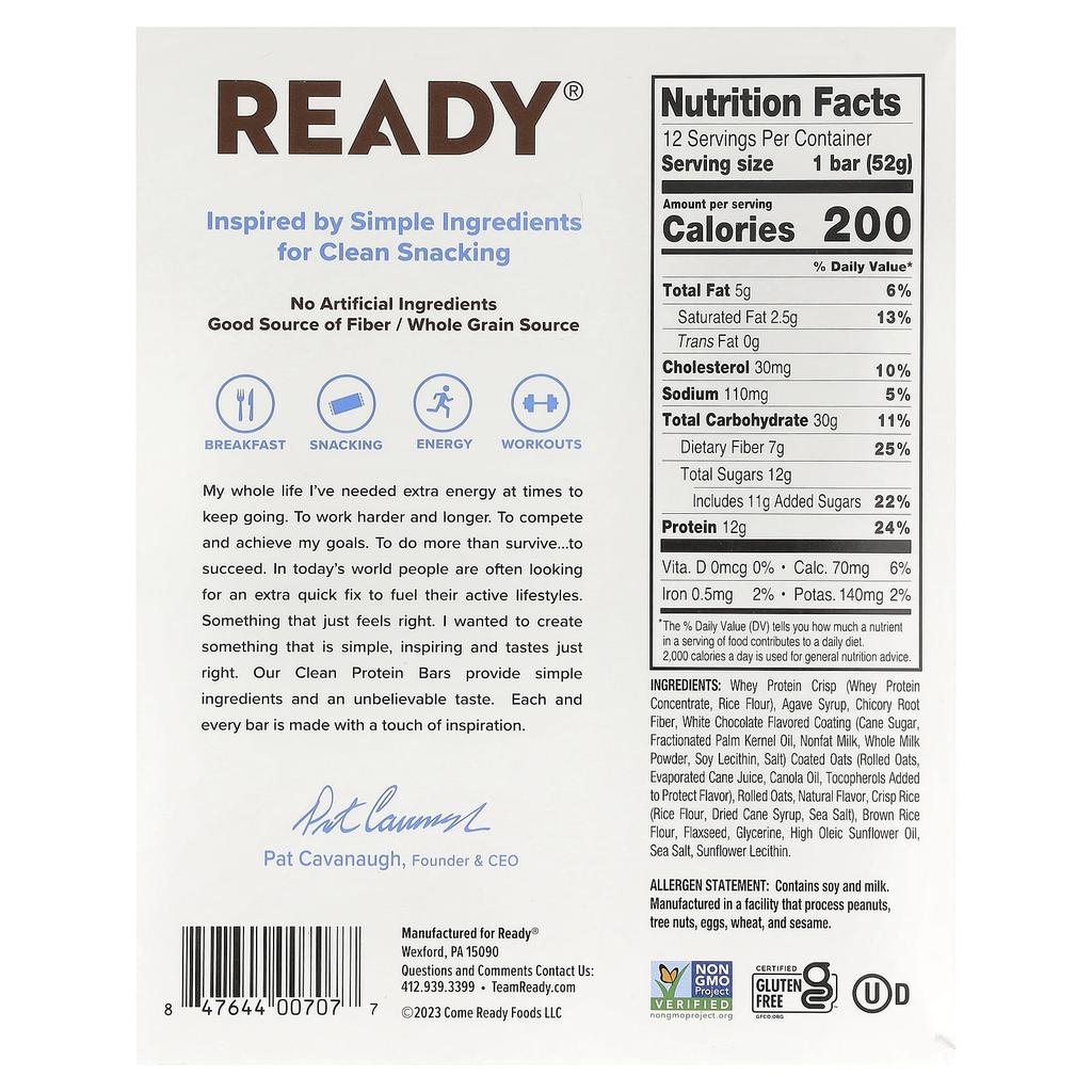 Ready Clean Protein Bars, Vanilla Swirls, 12 Bars, 1.83 Oz (52 G) Each