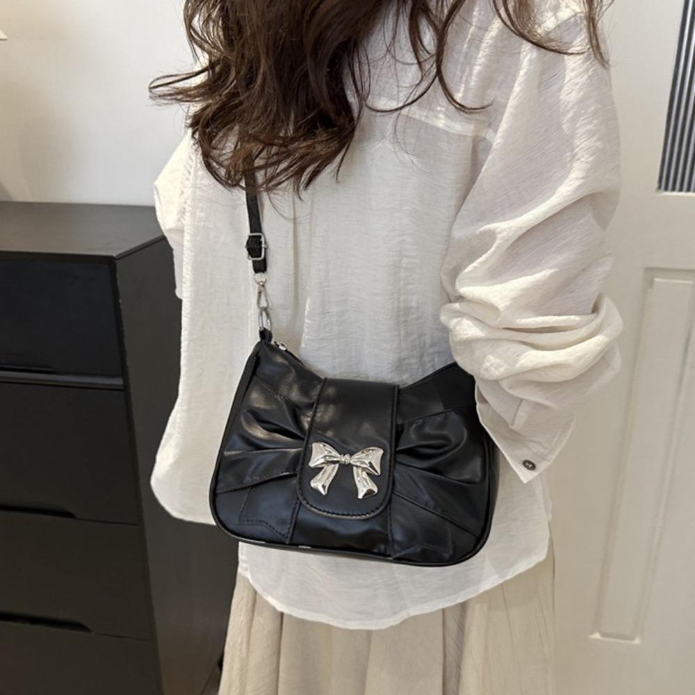 PU Leather Square Pleated Handbag Soft Bow Armpit Bag Elegant Bowknot Crossbody Bag Work