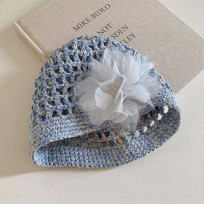 Women's Spring and Summer Korean Style Thin Hollow Breathable Sunshade Handmade Knitted Hat Sweet Wool Linen Fishnet Hat